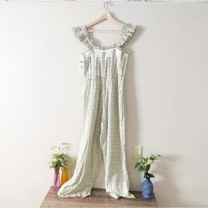 Sim and Sam Sage Green Floral Jumpsuit Size XL, Ruffled Straps and Stretch Waist